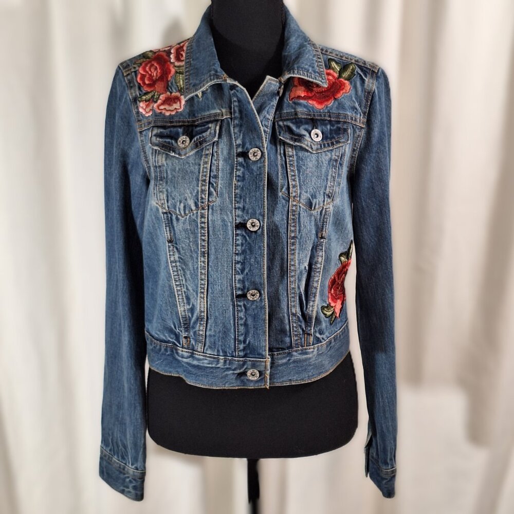 a.n.a. Women’s Denim Jean Jacket Embroidered Roses Cropped Size Small Boho